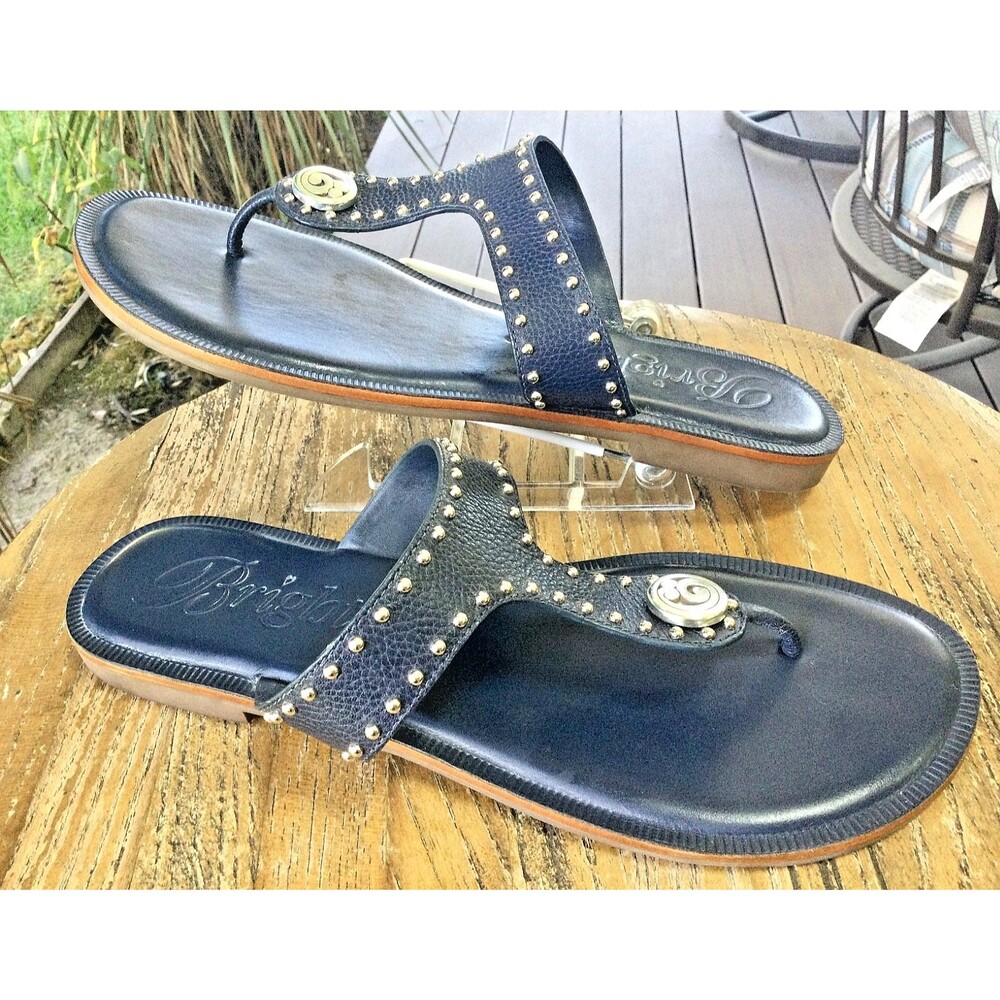 Brighton Size 8 Navy Sandals Pebbled Leather Contempo Alfa Thongs Studded Straps - Picture 2 of 9